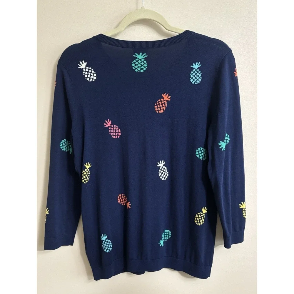 Talbots Charming Cardigan Tossed Pineapple 3/4 Sleeve Tropical Coastal Small